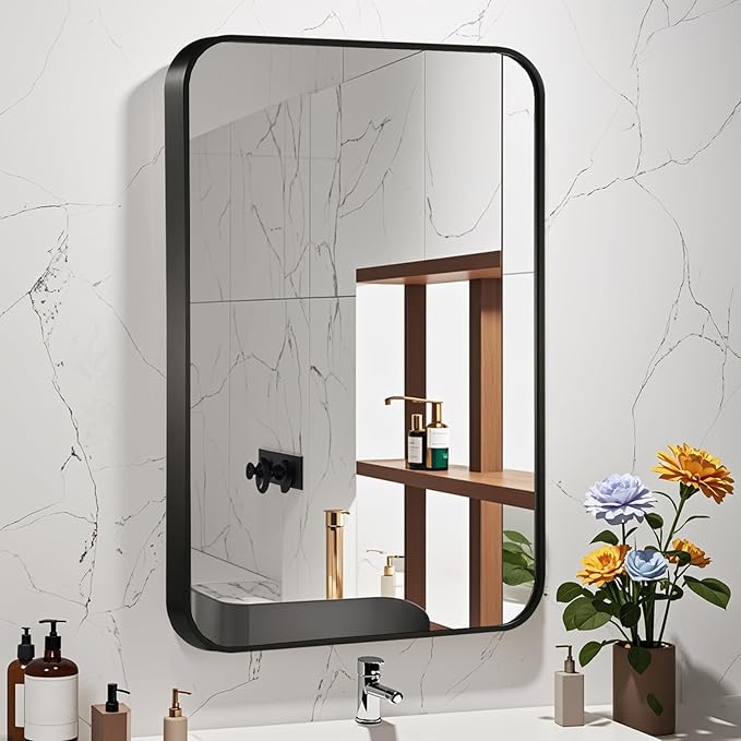 20x30 Inch Black Wall Mirror for Bathroom, Brushed Metal Framed Mirror