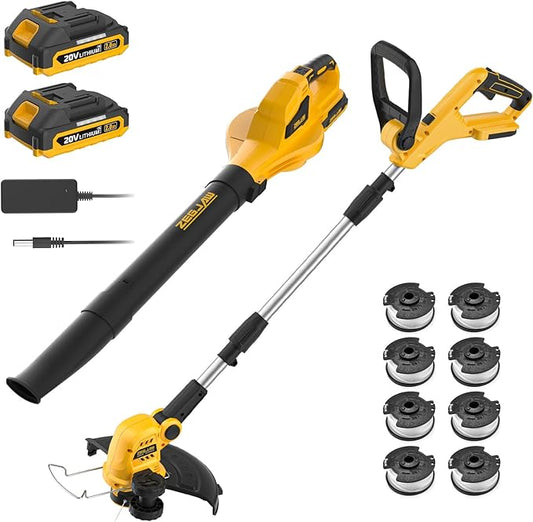 ZEGJAW 2-in-1 Leaf Blower + 12-Inch 20v Cordless String Trimmer Combo Kit, 8 Pcs Replacement Spools, 2x2.0Ah Batteries & Charger Included, for Lawn, Garden,Yard, etc