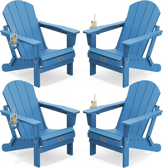 SERWALL Folding Adirondack Chair Set of 4, Weather Resistant HIPS Patio Chairs with Cup Holder for Garden Outdoors Fire Pit Chairs- Sapphire