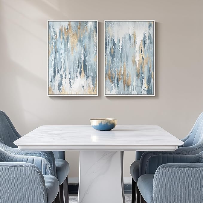 White Framed Blue and Gold Abstract Canvas Wall Art