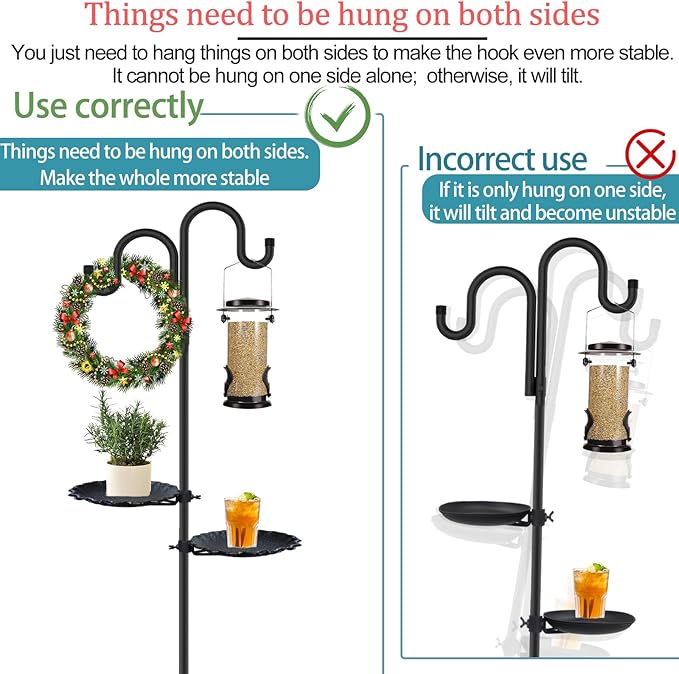 Upgraded 74" Shepherd's Hook Stand plant，Bird Feeder，Wind Chime Hanger Stand, Waterproof Metal & Adjustable-Height Standing Pole Holder for Lantern and Wreath, Indoor & Outdoor（2 Placement Racks)
