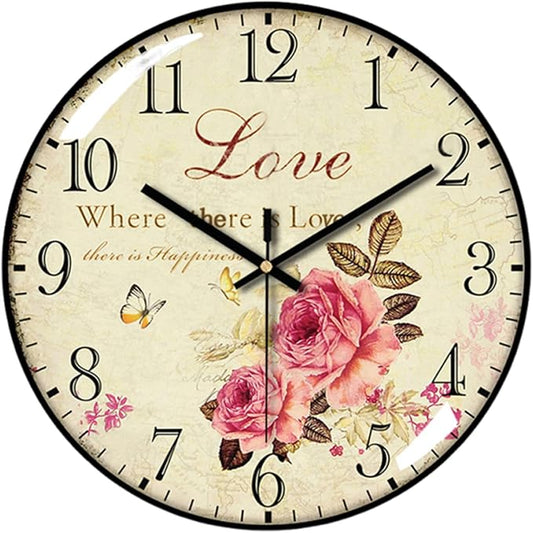 Decorative Wall Clock Battery Operated, 12-Inch Retro Vintage Floral Butterfly