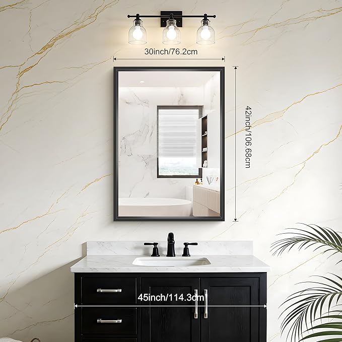 Bathroom Mirror, 42 x 30 Inch Brushed Black Rectangle Mirror, 0.6" Thickened
