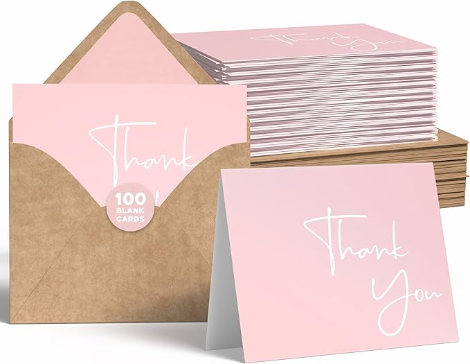 VNS Creations Thank You Cards With Envelopes Bulk Set & Stickers - 100 Pack 4x6 Blank Thank You Notes Bulk Box Set - Large Note Card Small Business, Wedding, Baby Shower & Bridal Shower - Pink