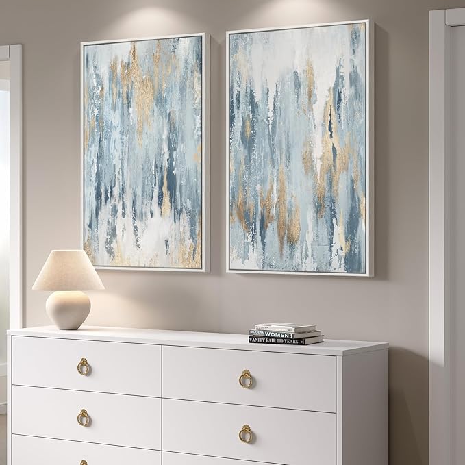 Large White Framed Blue and Gold Abstract Canvas Wall Art, 2 Piece Modern
