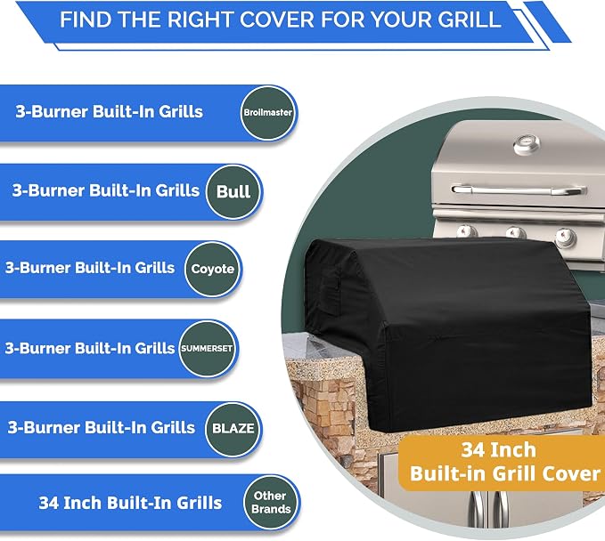 Covers & All Built-in Grill Cover for Outdoor Grill – Heavy Duty 12 oz Waterproof Built-in BBQ Grill Cover, PVC-Coated Polyester with Elastic Hem for Snug Fit (34 x 30 x 18 inches, Black)