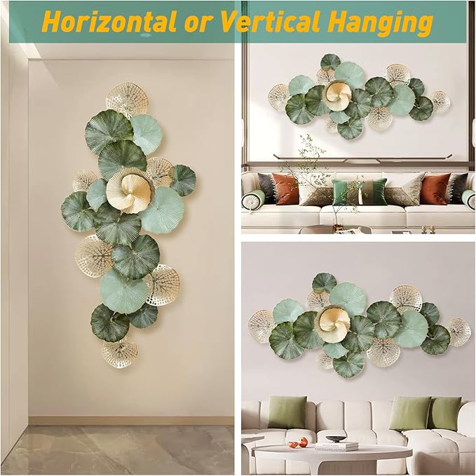 edaknez Metal Wall Art Decor, Large Metal Wall Art, 3D Flower Leaves Wall Decor, Modern Lotus Decoration for Indoor Outdoor Living Room Bedroom, Green & Gold (C 135x64x6cm)