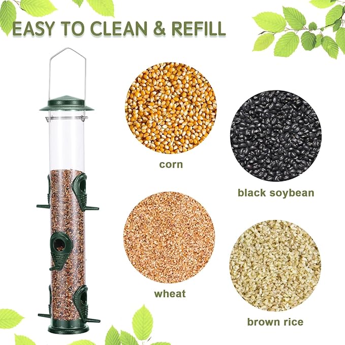 MIXXIDEA 1PK Metal Wild Bird Feeder,Squirrel Proof Bird Feeders for Outside,Hanging 6 Port Tube Bird Feeder Transparent Finch Bird Feeder for Attracting Birds in Your Lawn, Garden, Balcony-Green