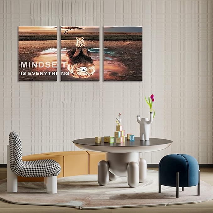 KAWAHONE Motivational Lion King Mindset Wall Art Gold, Success Cat Reflect Lion