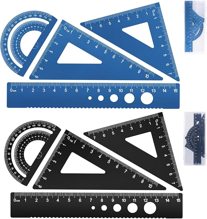 Honagu Triangular Ruler Set, 8 Pieces/2 Sets Aluminum Alloy Ruler, Metal Drafting Ruler, Geometric Protractor for Students, Draftsmen, Engineers, School Office Supplies (Blue+Black)
