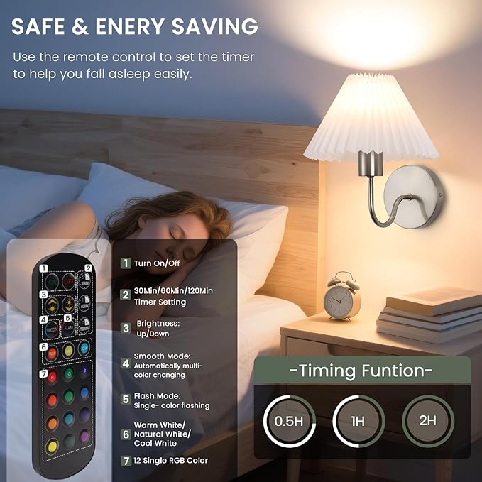 Wireless Wall Sconce Sets of 2, Pleated Shades Rechargeable Battery Operated