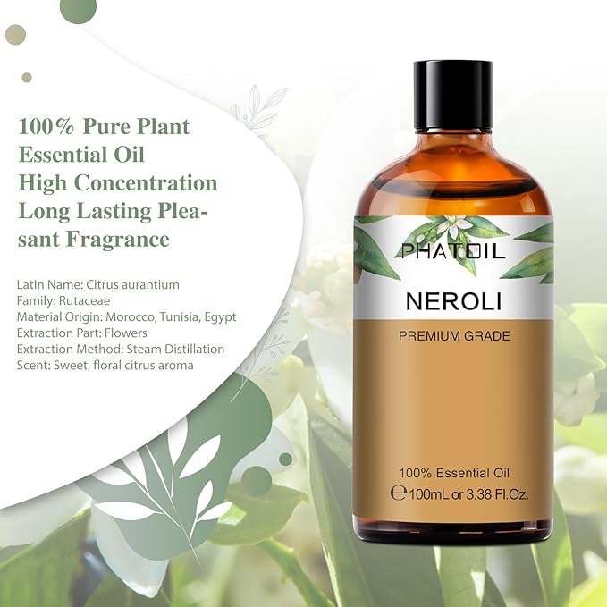 Neroli 3.38fl.oz Essential Oil, PHATOIL Pure Aromatherapy Oils for Diffuser, Humidifier, Perfect for DIY Soap, Candle, Bath Bombs Making(100ml)