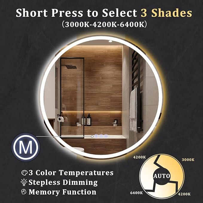BEAUTYPEAK 40x40 LED Round Bathroom Mirror