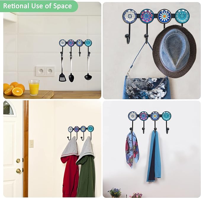 Coat Rack Wall Mounted with 4 Hooks, Round Blue Pattern Decorative Wall Hooks