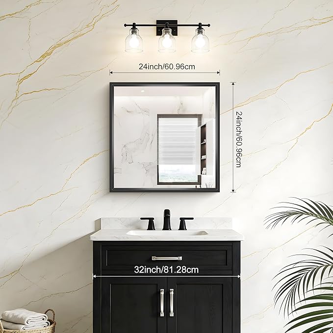 24x24 Square Black Mirror, Bathroom Mirrors