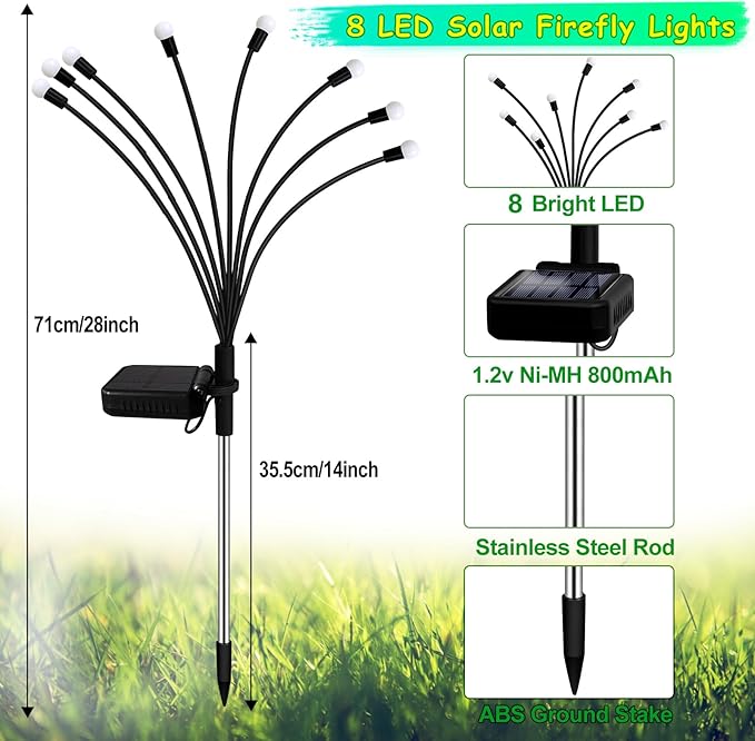 Kohlrabi Solar Garden Lights Outdoor, 4 Pack 32 LED Solar Blue Firefly Lights Waterproof, Starburst Wind Swaying Light for Outside Yard Patio Planter Flower Bed Walkway Christmas Decoration