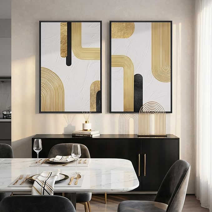 Large Framed Gold Abstract Wall Art Set of 2