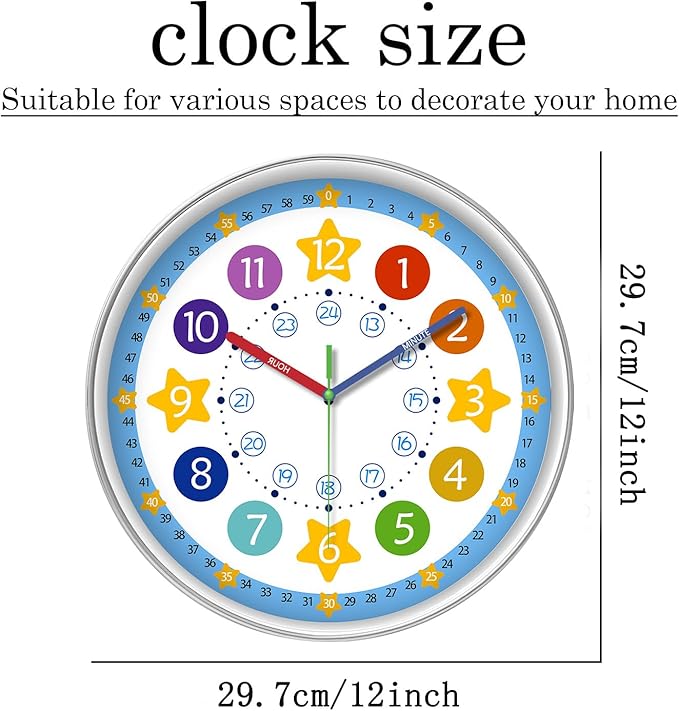 XFM Colorful Kid Wall Clock 12 Inch Silent Non Ticking Quartz Battery Operated
