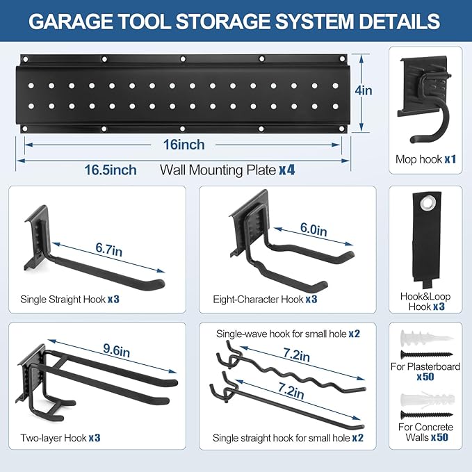 66'' Garage Tool Organizer Wall Mount 21PCS, 750lbs Heavy Duty Garden Tool Organizer with 17 Adjustable Hooks, Yard Tool Hanger for Shovel Rake Broom Ladder, Garage Wall Organization, Men's Gift