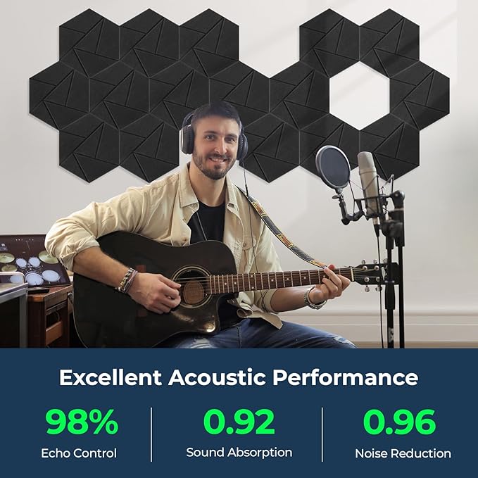 12 Pack Hexagon Acoustic Panels, Self-Adhesive Acoustic Wall Panels