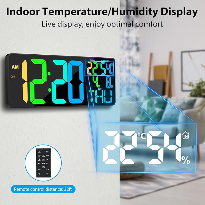 11 RGB Color Changes Large Digital Wall Clock/Bluetooth Auto Time Sync