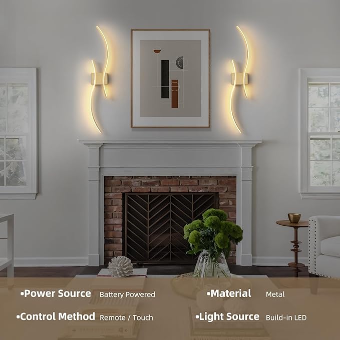 Battery Operated Wall Sconce Set of Two, Dimmable Modern LED Rechargeable Wall