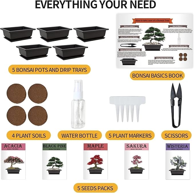 Bonsai Tree Starter Kit - Grow 5 Unique Indoor Japanese Bonsai Seeds, Complete Gardening DIY Set with Pots, Soil, Shears, Unique Gardening Gifts for Men Women