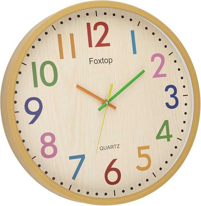 Foxtop 14 Inch Kids Wall Clock Silent Non-Ticking Battery Operated Colorful