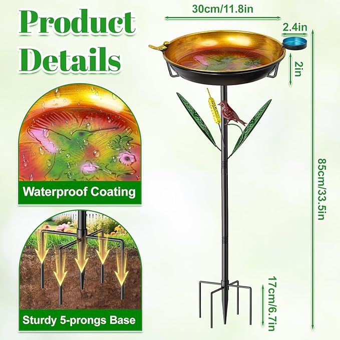 2-in-1 Bird Baths for Outside, 11.8” Diameter x 2” Deep Metal Removable Bird Feeder Water Bowl with Upgraded 5 Prongs Base, 33.5" Freestanding Garden Birdbaths for Outdoors Patio Yard Lawn Art Decor