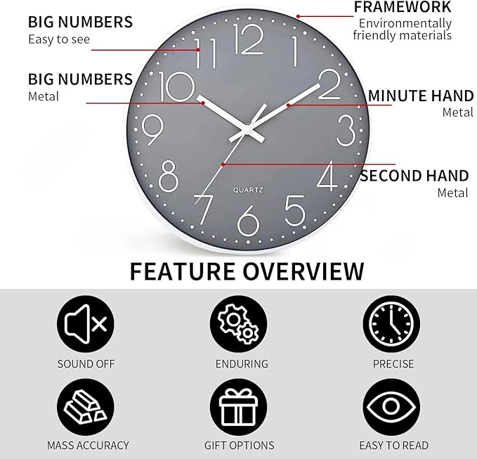SIN&MI Wall Clock Silent & Non Ticking Modern Quartz Battery Operated Digital