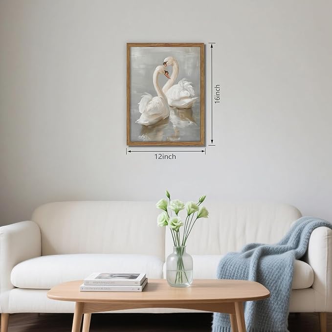 Framed White Swan Canvas Wall Art – Vintage Romantic Swan Oil Painting