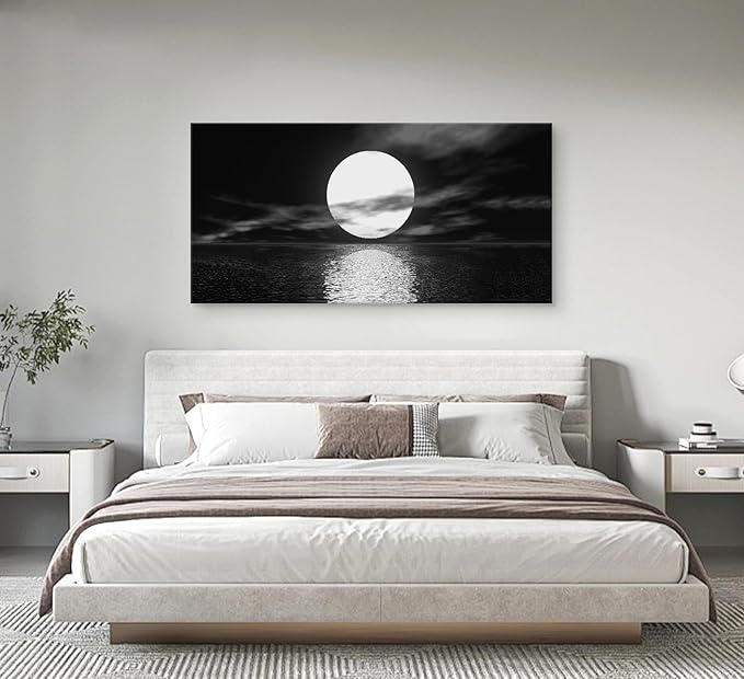 Cao Gen Decor Art S06498 Wall Art Canvas Sea White Full Moon in Night Picture