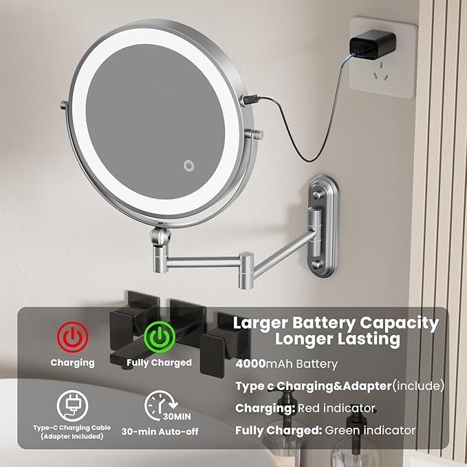 9" Wall Mounted LED Lighted Makeup Vanity Mirror - 4000mAh Rechargeable Double