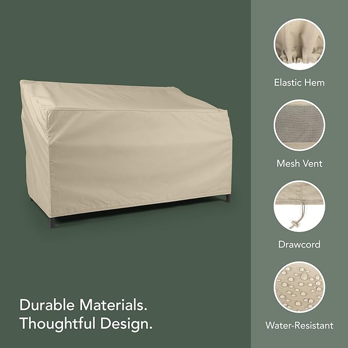 Covermates Elite Outdoor Patio Sofa Cover – Water-Resistant 300D Polyester, Double-Stitched Seams, Elastic Hem, Auto-Locking Drawcord & Mesh Vent for Moderate Weather, 58W x 40D x 40H, Khaki