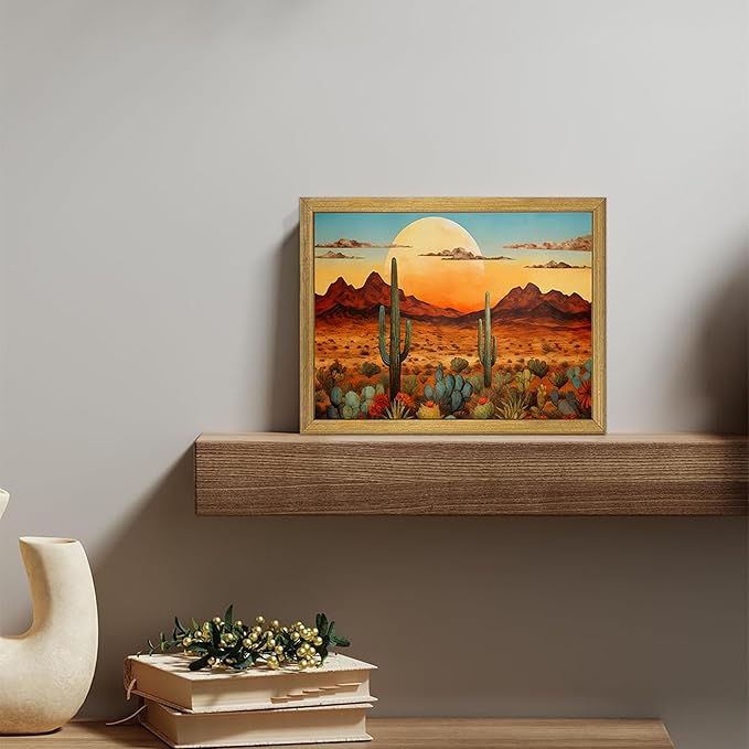 Framed Western Desert Sunset Cactus Wall Art, Vintage Southwest Nature