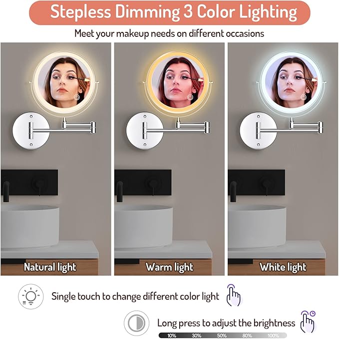 Rocollos Rechargeable Wall Mounted Lighted Makeup Mirror, 8 Inch Double-Sided