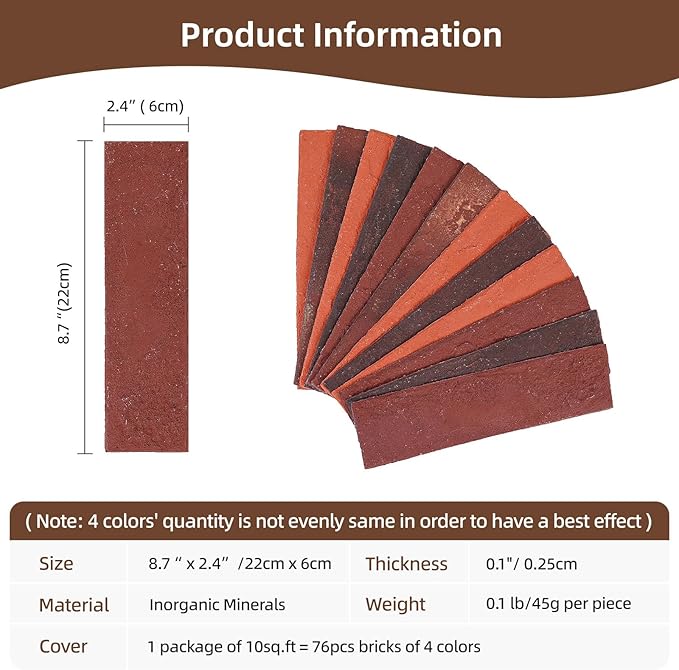 76pcs Red Thin Brick Veneers, Curlable Red Brick Tiles, DIY Accent Walls
