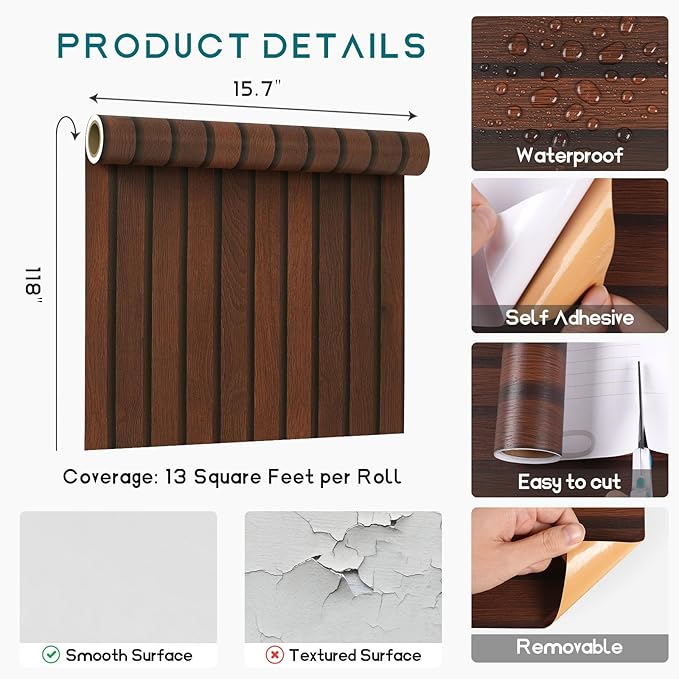 VEELIKE Walnut Wooden Slat Wallpaper Peel and Stick Waterproof Dark Wood