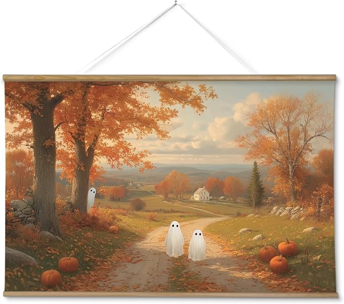 ARPEOTCY Extra Large Vintage Framed Wall Art, 36x54 Inch Halloween Wall Art Canvas, Vintage Autumn Landscape with Cute Ghosts and Pumpkins, Large Farmhouse Fall Wall Decor for Living Room Fireplace Entryway