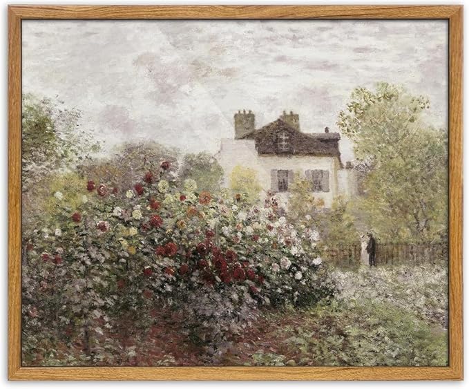 UPWOIGH 16x24 in Large Framed Wall Art, Claude Monet The Artist's Garden Oil Painting Canvas, Vintage Impressionist Rose Garden Landscape, Rustic Cottage Farmhouse Decor for Living Room Bedroom, 1Pack