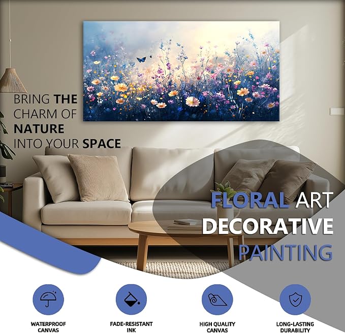 JLXART Canvas Wall Art Colorful Wildflower With Butterflies Wall Decor Purple and Yellow Poppy Floral Artwork Flowers Prints Paintings for Living Room Home Decorations,30x58inch