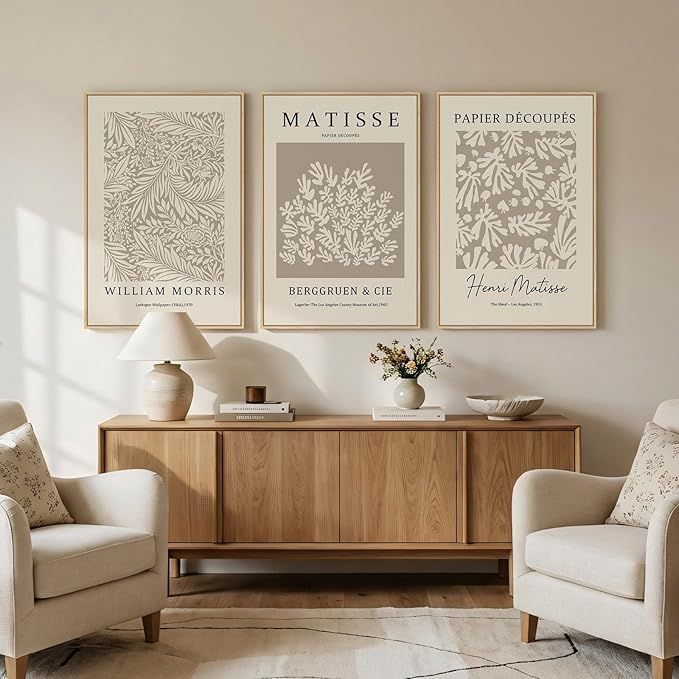 Framed Large Matisse Canvas Wall Art Set of 3, Vintage Neutral Abstract Floral
