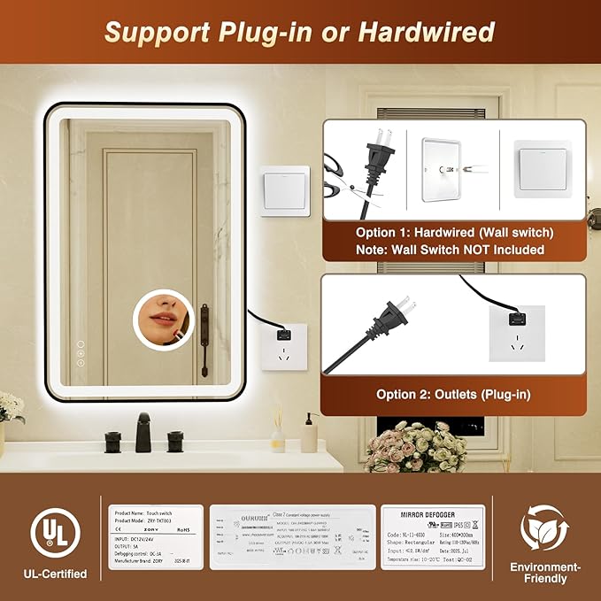 24x36 Inch Black Framed LED Bathroom Mirror