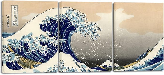 Wieco Art Great Wave of Kanagawa Katsushika Hokusai 3 Piece Modern Canvas