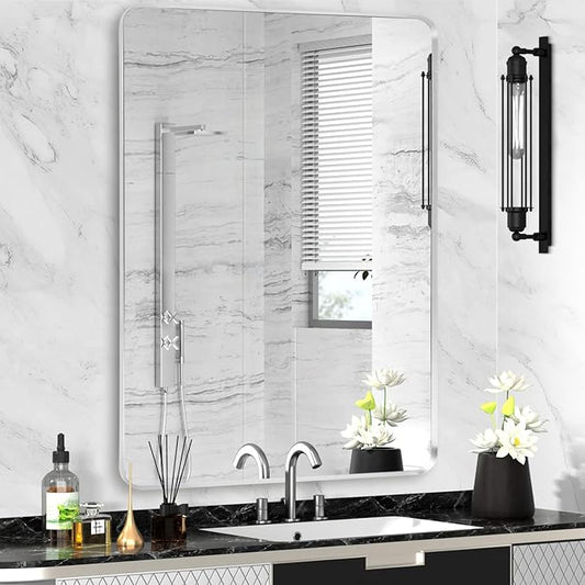 Silver Framed Bathroom Mirror, Brushed Nickel Large Rounded Corner Rectangle