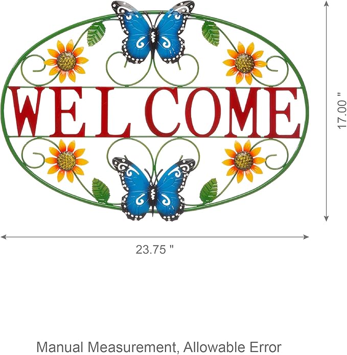 Glitzhome Metal Welcome Wall Decor - Outdoor/Indoor Vibrant Sunflower & Butterfly Garden Art for Porch Patio Yard