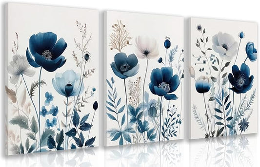 LLEEMPI Framed Navy Blue Floral Wall Art Set of 3, Modern Wildflower Wall Decor