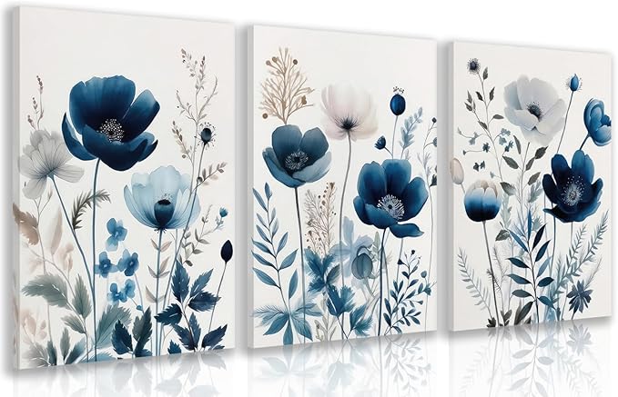 LLEEMPI Framed Navy Blue Floral Wall Art Set of 3, Modern Wildflower Wall Decor