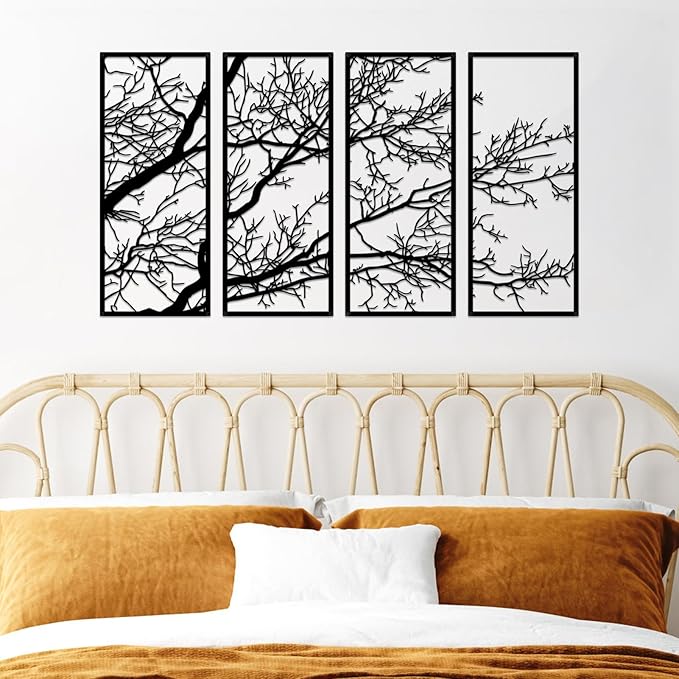 ESTART 4 Pieces Tree of Life Metal Wall Decor, Black Tree Branch Metal Wall Art, Tree Sign Wall Hangings for Home Garden Office Living Room Indoor Outdoor (Small)