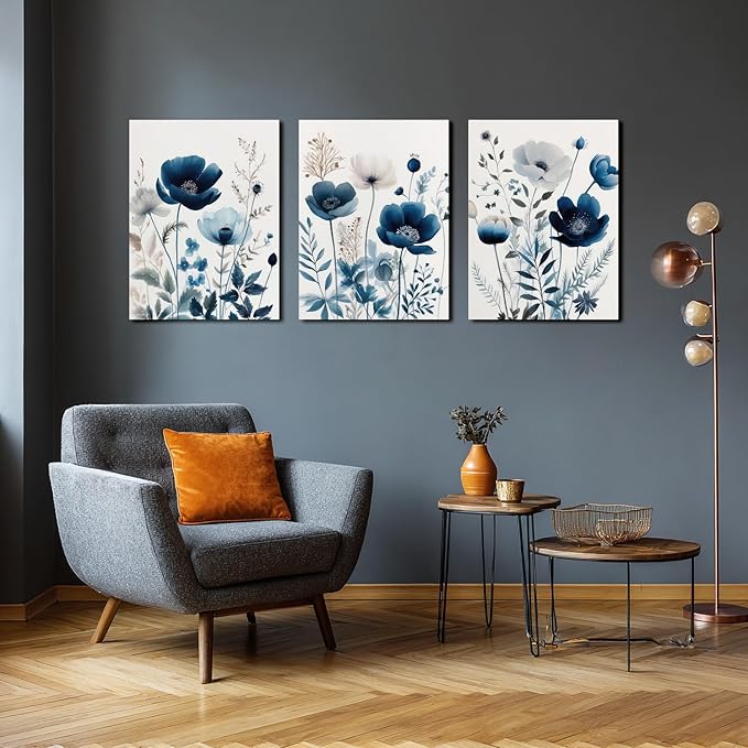 LLEEMPI Framed Navy Blue Floral Wall Art Set of 3, Modern Wildflower Wall Decor